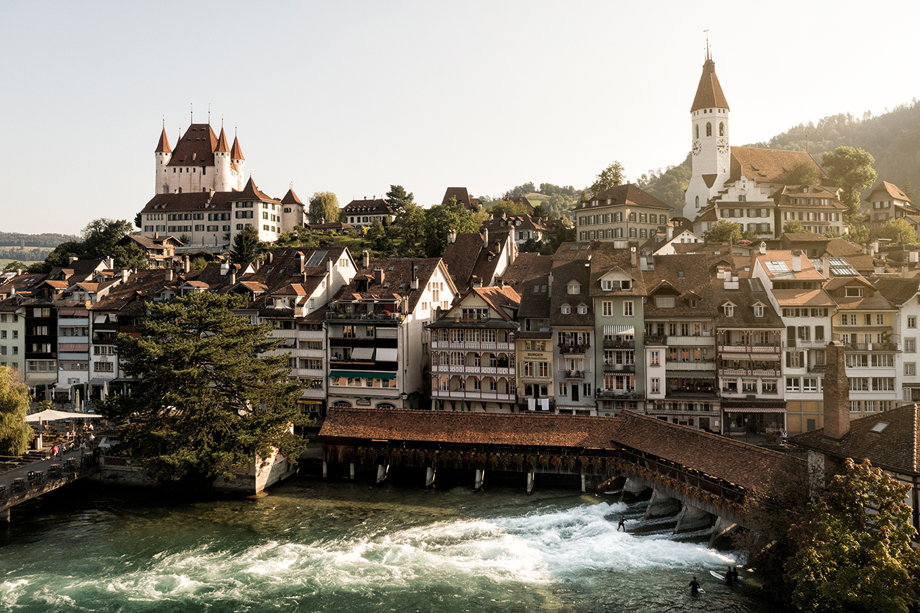 View of Thun's old town with its castle, town church and the Aare